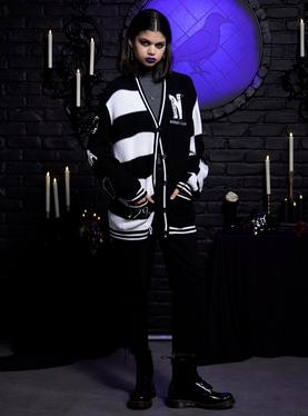 Wednesday Black & White Stripe Patches Slouchy Cardigan, , hi-res
